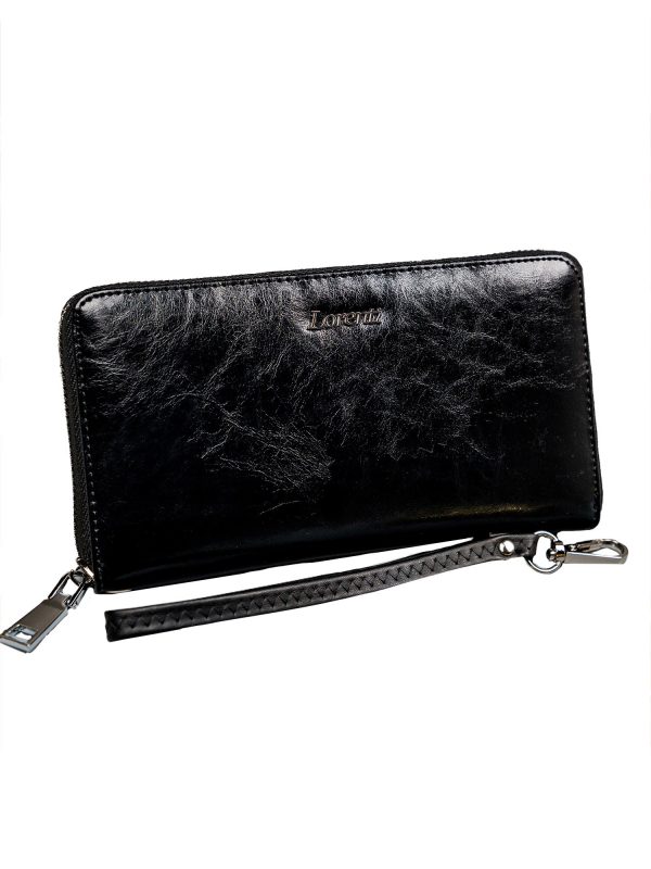 Women's Black Leather Wallet with Handle