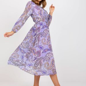 Purple Patterned Midi Dress with Belt