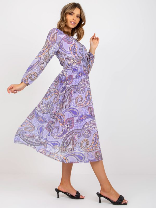 Purple Patterned Midi Dress with Belt