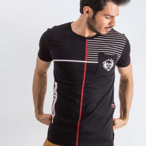 Black men's striped t-shirt with lettering