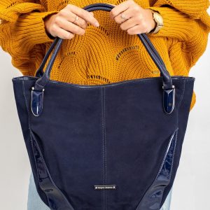 Navy blue bag with lacquered inserts