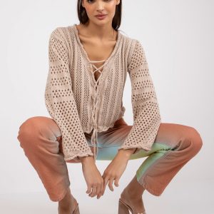 Beige openwork boho sweater with tie neckline RUE PARIS