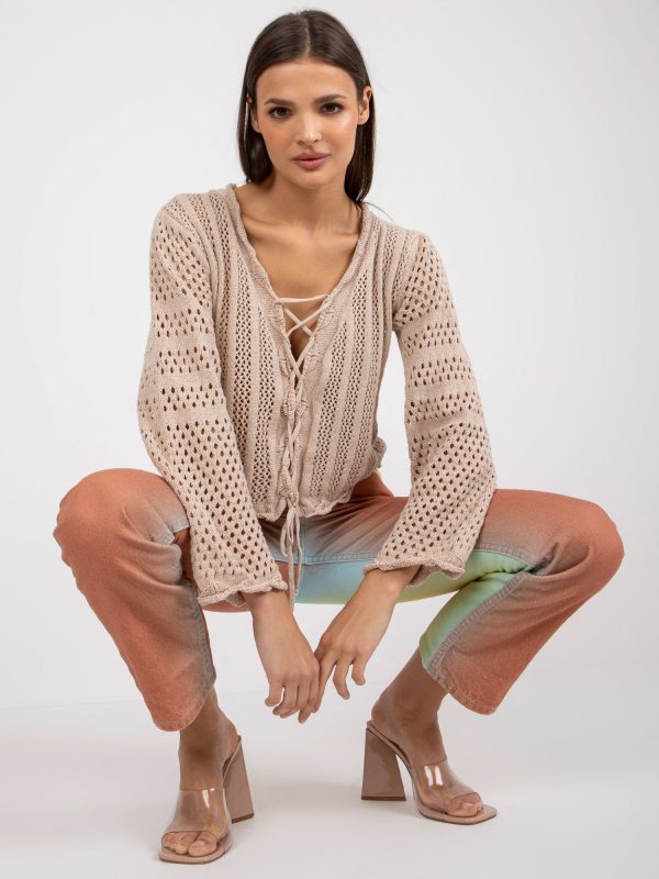 Beige openwork boho sweater with tie neckline RUE PARIS