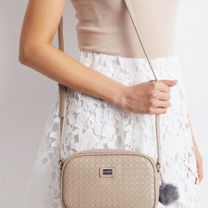 Beige postbag with braid and pompom