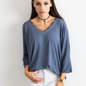 Blue blouse with lace at the neckline