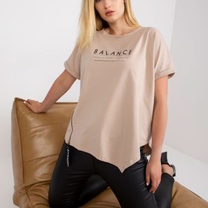 Beige plus size t-shirt with inscription and applique