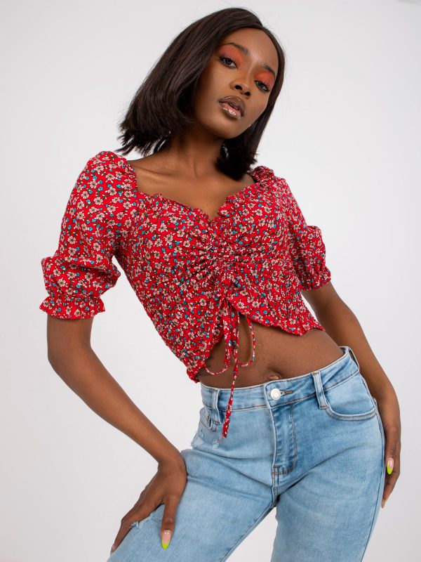 Red short blouse with floral with ruffle RUE PARIS