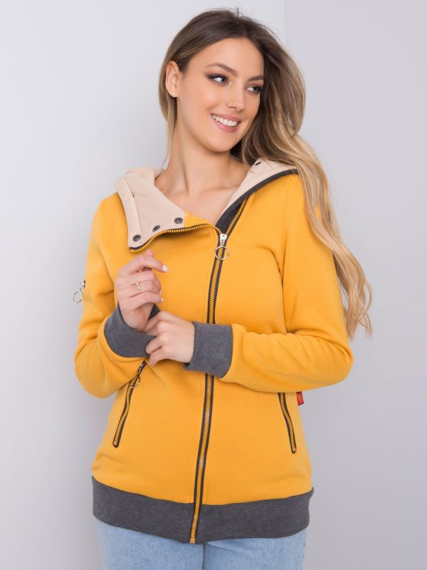 Yellow long sweatshirt with asymmetrical zipper hood