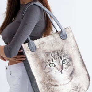 Grey Beige Felt Bag With Cat