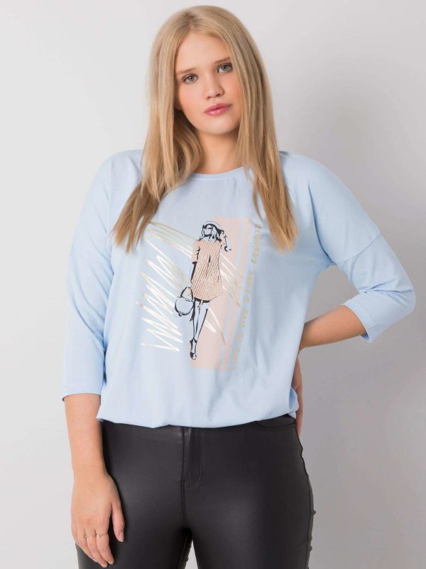 Light Blue Plus Size Ladies Blouse with Vertise Print