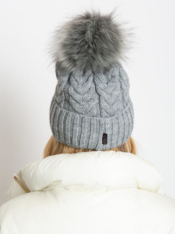 Grey insulated hat with pompom