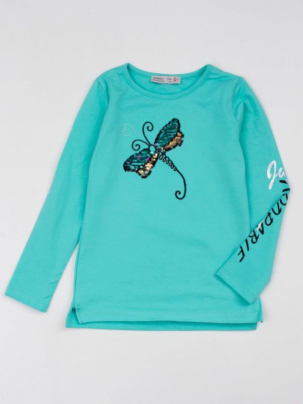 Mint blouse for girl with sequin butterfly