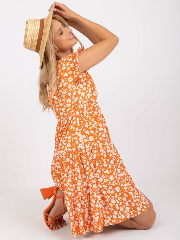 Orange summer dress with ruffle and print RUE PARIS