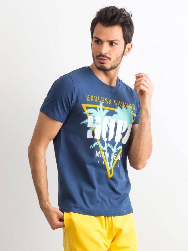 Navy Blue Cotton Printed Men's T-Shirt