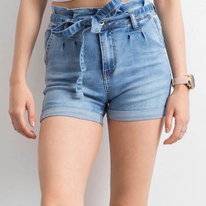 Blue denim shorts with belt