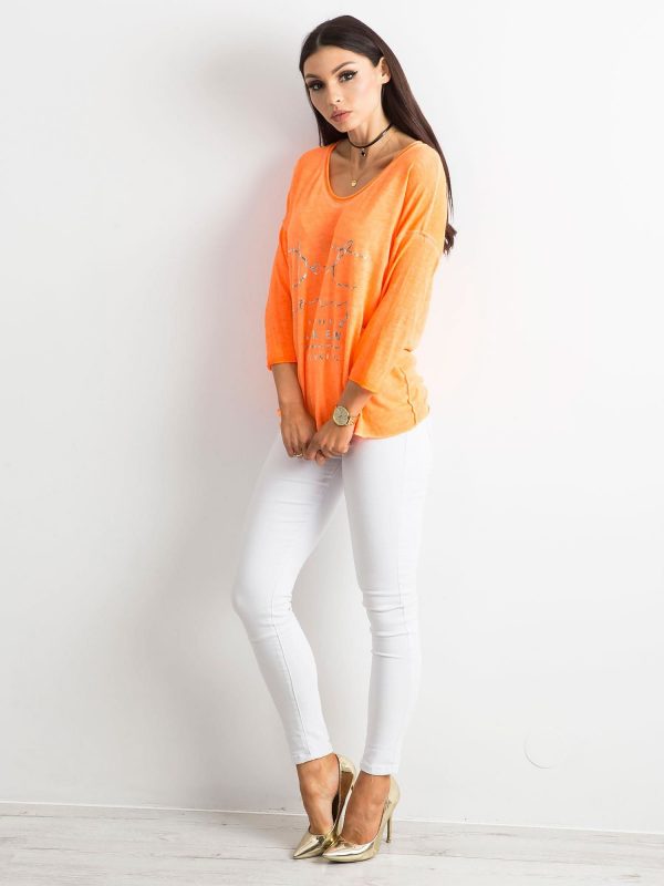 Fluo orange V-neck blouse with inscription