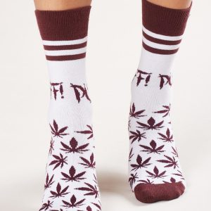 White and burgundy socks with print