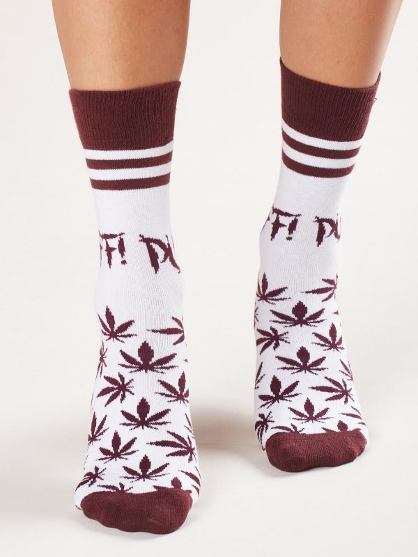 White and burgundy socks with print