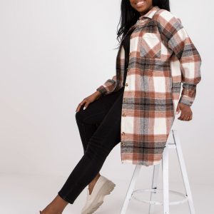 Brown asymmetrical checked shirt with pockets