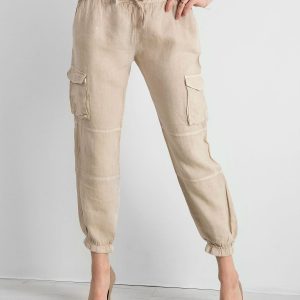 Beige linen cargo pants