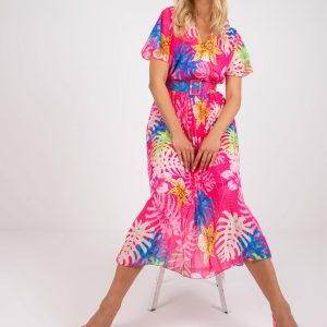 Pink Pleated Tropical Print Midi Dress