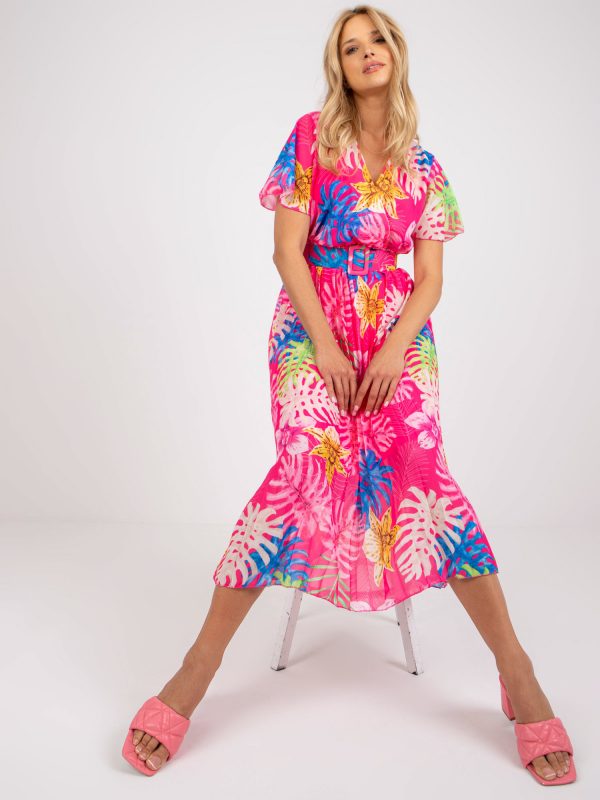 Pink Pleated Tropical Print Midi Dress