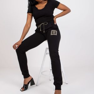 Black women's slim fit sweatpants with rhinestones