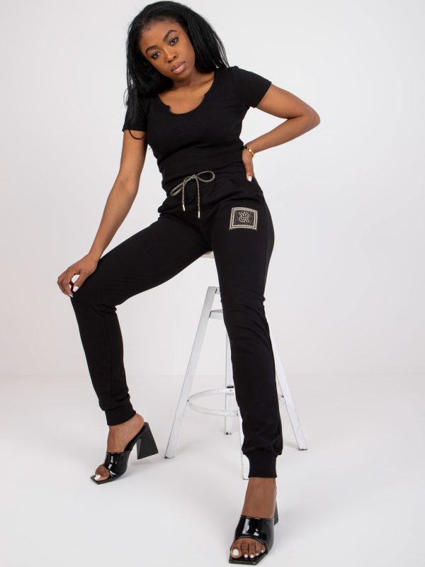 Black women's slim fit sweatpants with rhinestones