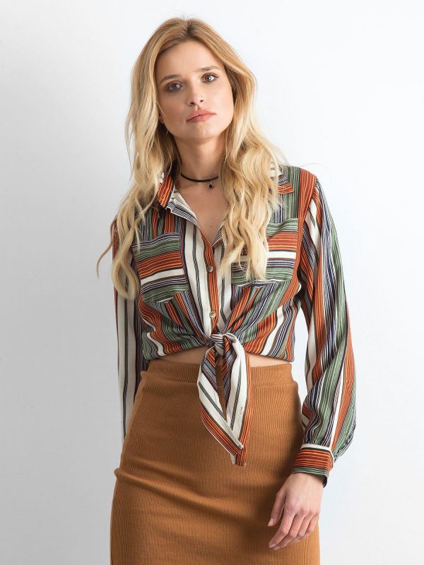 Green and brown striped blouse with binding