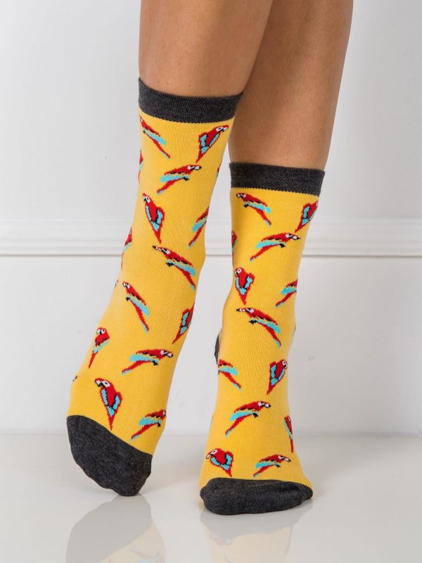 Yellow socks with colorful patterns