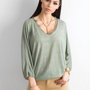 Khaki Loose V-Neck Blouse