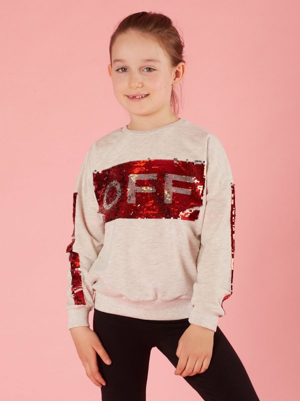 Beige sweatshirt for children with double-sided sequins