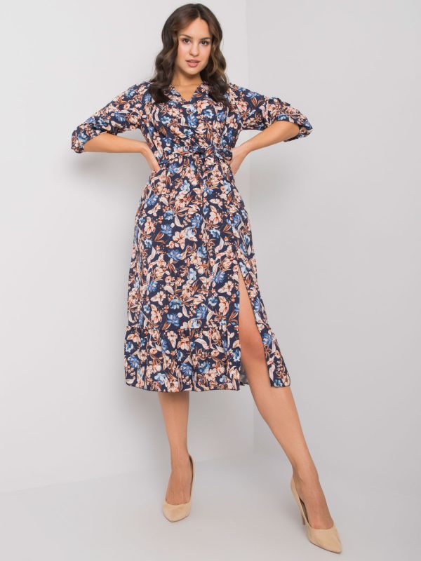 Navy Blue Floral Ruffle Dress Erine RUE PARIS