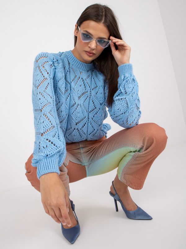 Blue openwork classic sweater with long sleeves RUE PARIS