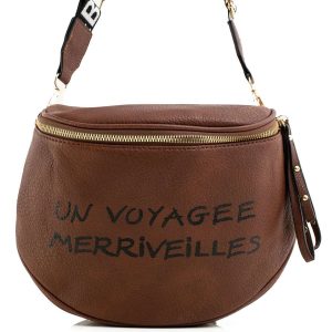 Brown handbag with inscription