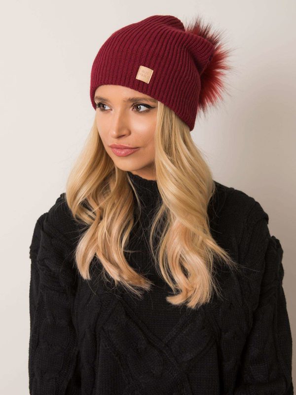 Burgundy beanie hat with pompom RUE PARIS