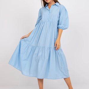 Light Blue Cotton Ruffle Midi Dress RUE PARIS