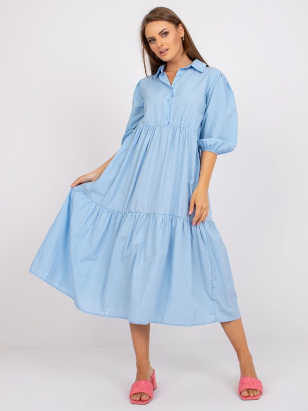 Light Blue Cotton Ruffle Midi Dress RUE PARIS