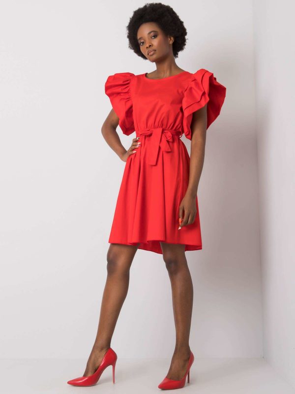 Red dress with decorative sleeves by Sheila