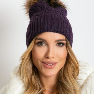 Purple cap with rib and fur pompom