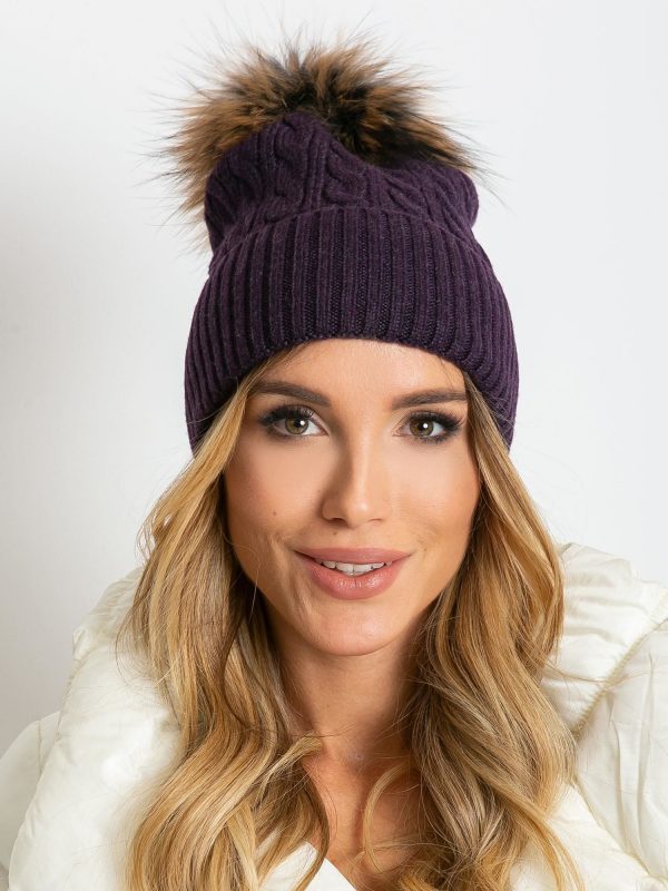 Purple cap with rib and fur pompom