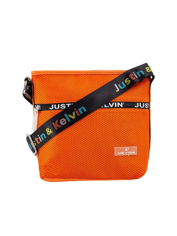 Orange shoulder bag with colorful strap