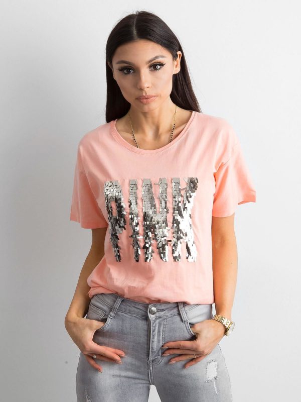 Peach T-shirt with sequin lettering