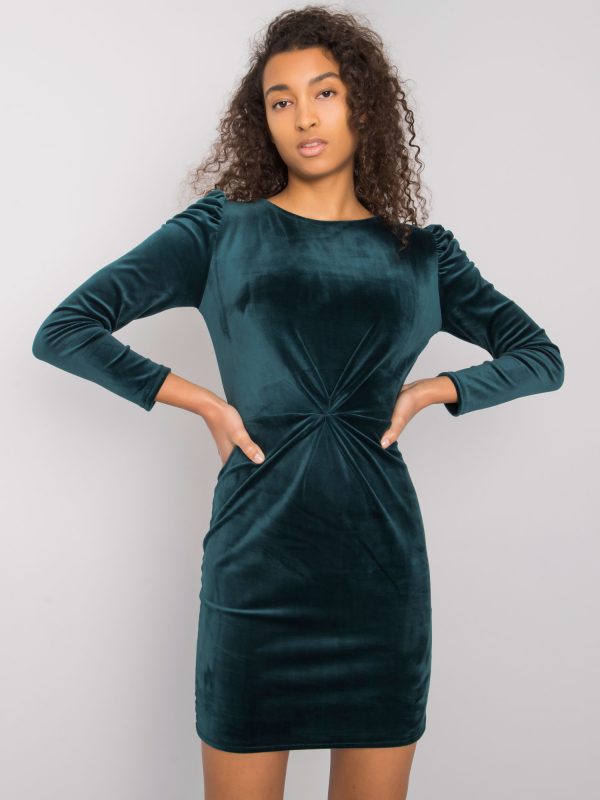 Dark Green Velour Long Sleeve Dress Ellara RUE PARIS