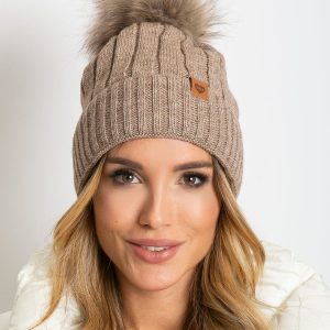 Dark beige winter hat with pompom