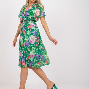 Green midi pleated dress with floral prints