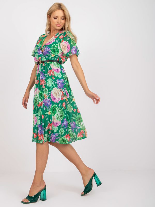 Green midi pleated dress with floral prints