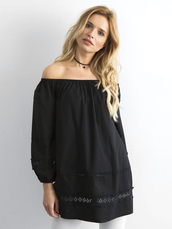 Black cotton tunic with Spanish neckline