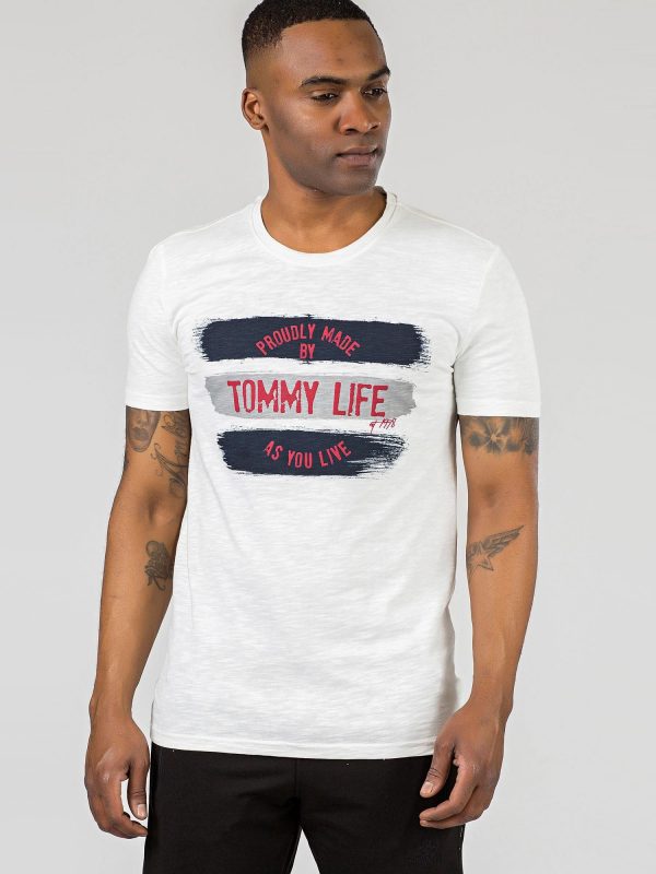 TOMMY LIFE Ecru men's t-shirt with print