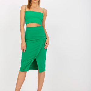 Green pencil skirt midi basic with slit